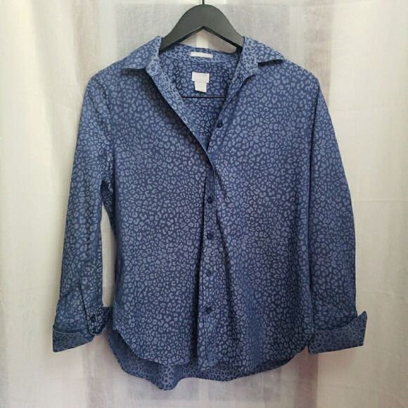 Chicos No Iron Cool Max Button Up Shirt Blue Long Sleeve Collared Size 00 US XS - Picture 1 of 10
